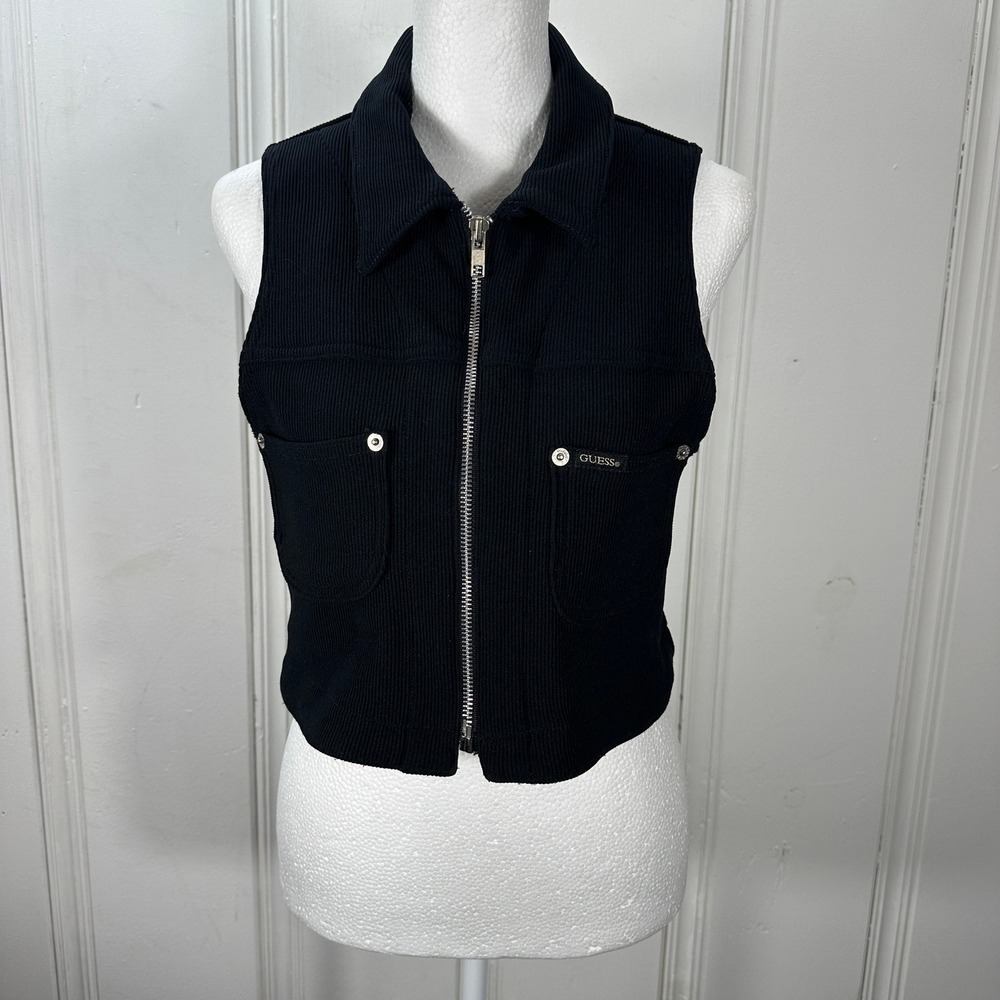 Vintage 90s GUESS USA Black Corduroy Cropped Zip Vest Womens S Grunge